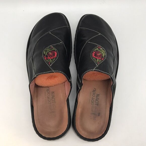 Naot Black Leather Clogs Women's 7 Embroidered Floral Slip On Mules Comfort Shoe - Picture 7 of 12